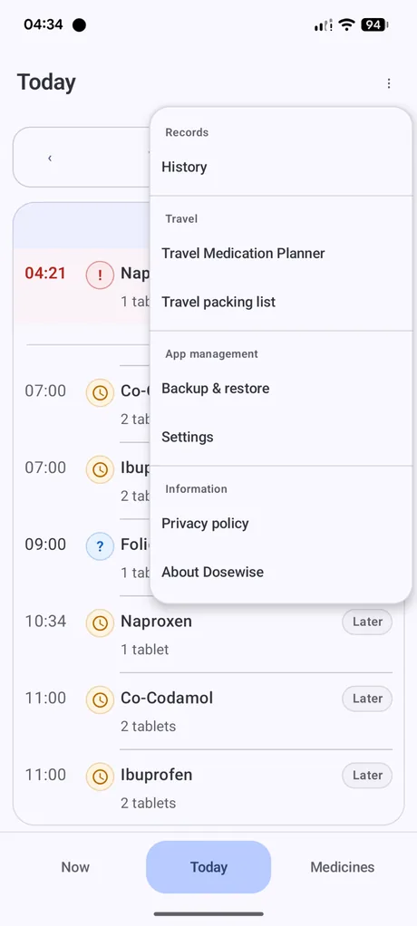 Dosewise overflow menu showing the History option under Records