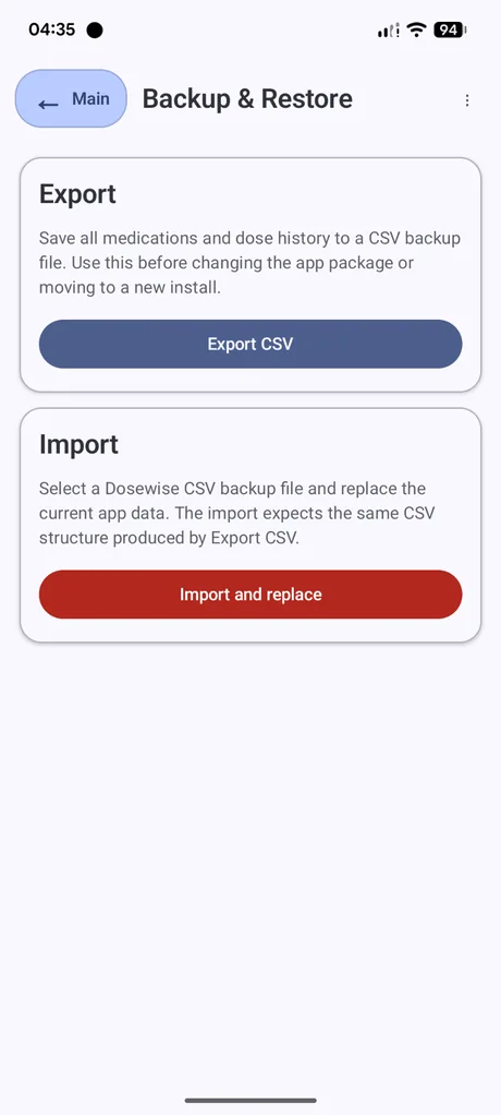Dosewise Backup and Restore screen with Export CSV and Import and replace actions