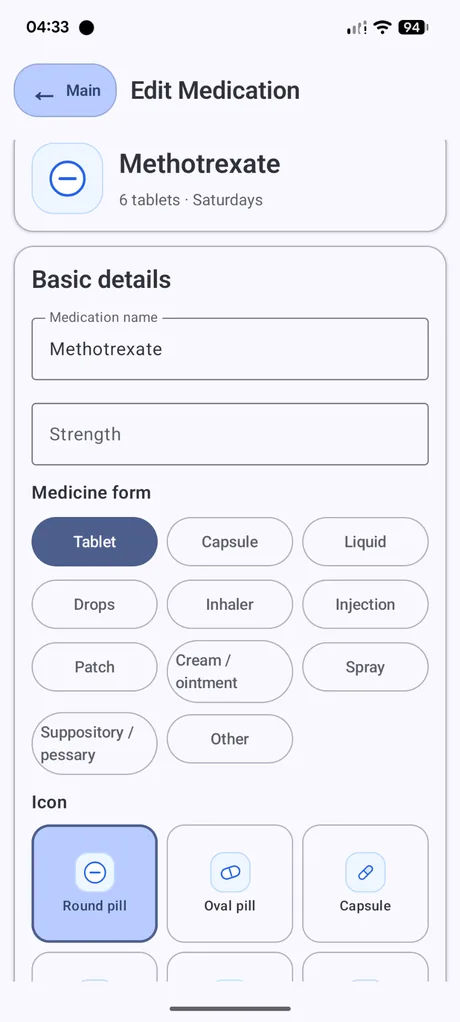 Dosewise edit medicine screen showing basic details, medicine forms and icon choices