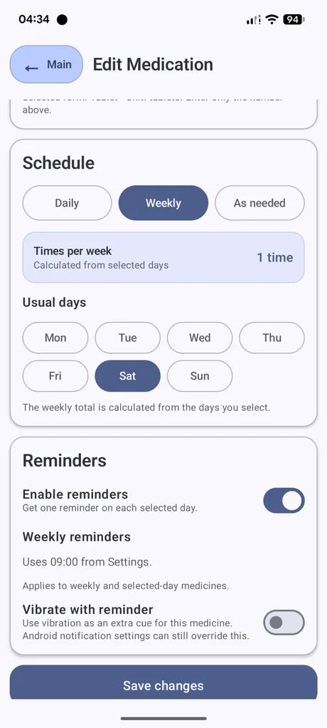 Dosewise edit medicine screen showing weekly schedule days and reminder options