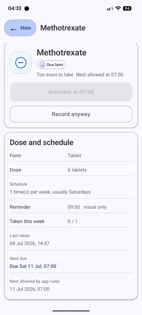 Dosewise medicine details screen showing a disabled availability button and Record anyway
