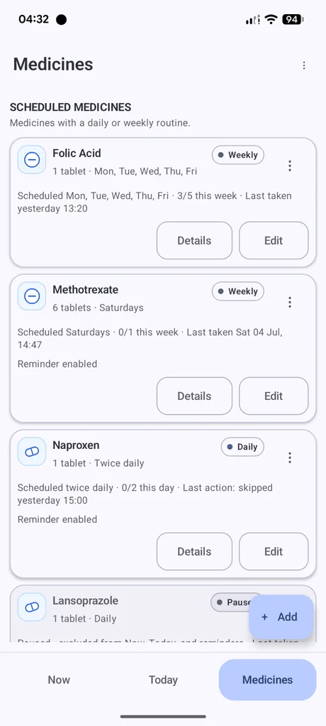 Dosewise Medicines screen showing medicine cards and an Add button