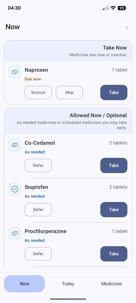 Dosewise Now screen with one medicine due now and optional medicines below
