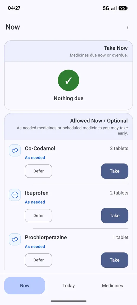 Dosewise Now screen showing that nothing is currently due