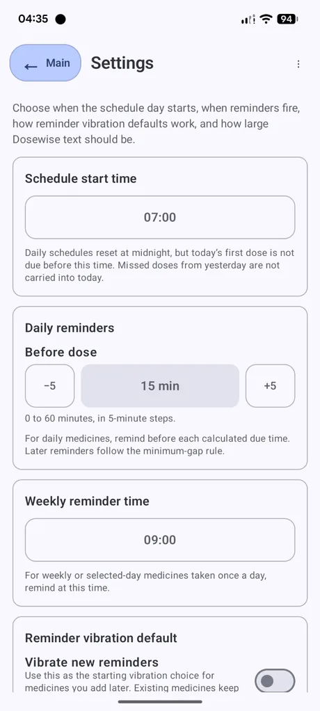 Dosewise Settings screen showing schedule start time, daily reminders, weekly reminder time and vibration settings