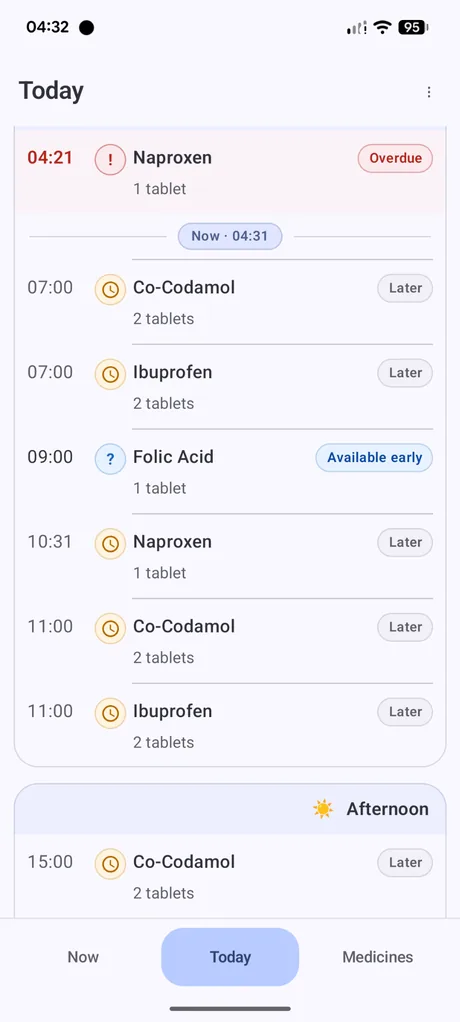 Dosewise Today screen showing a timeline with overdue, later and available early status labels