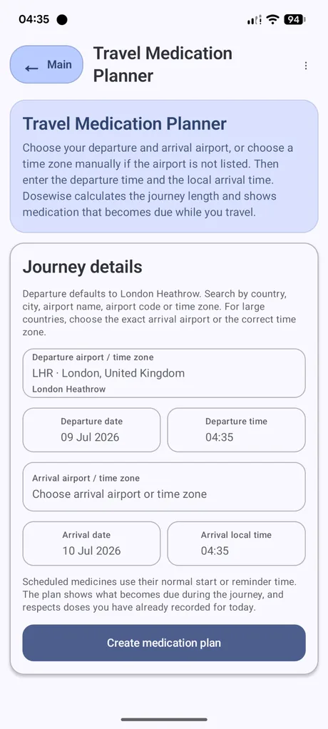 Dosewise Travel Medication Planner screen with departure and arrival journey fields